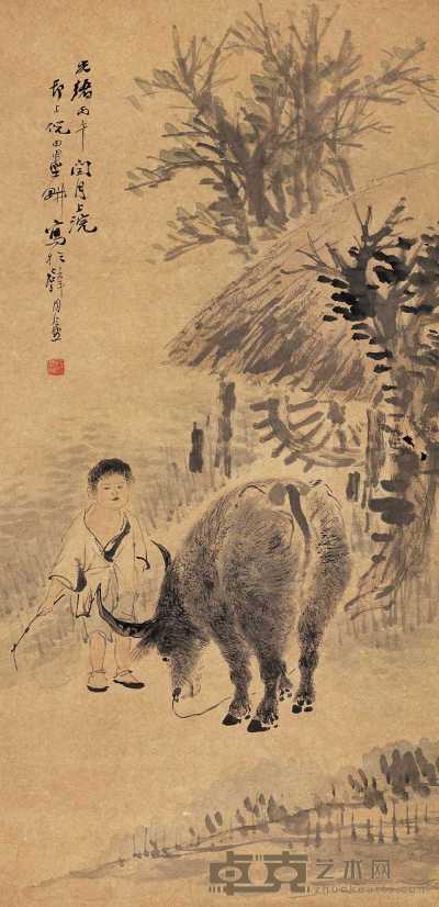 倪墨畊 1906年作 稚童牧牛图 立轴 34.5×71cm
